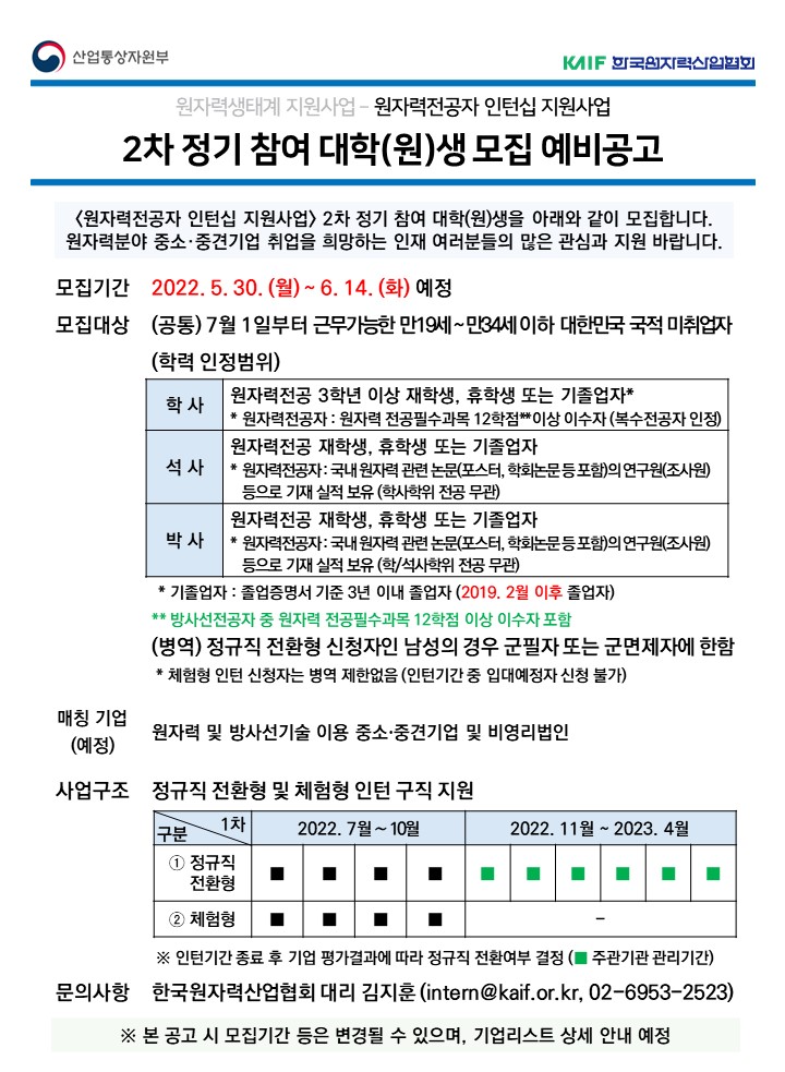 2022년 원자력전공자 인턴십 지원사업 2차 정기 참여 대학(원)생 예비모집공고.jpg